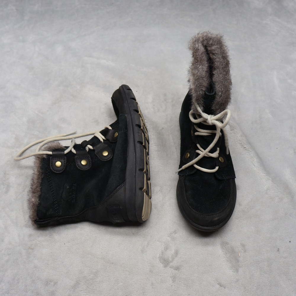 Sorel Womens 6.5 Winter Boots Black Explorer Joan Suede Faux Fur Trim Waterproof
